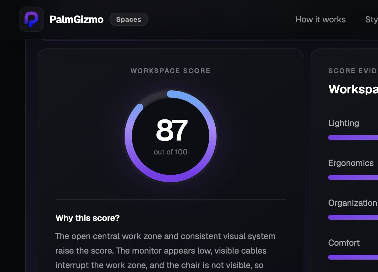 PalmGizmo Spaces prototype showing an AI-assisted workspace review