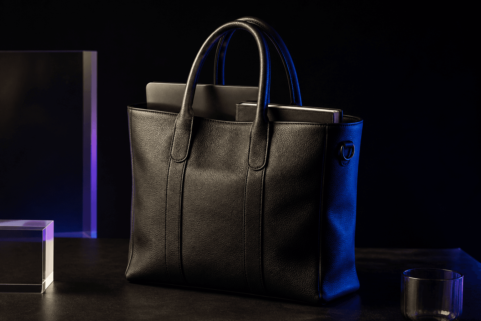An unbranded black everyday tote holding a laptop and notebook in a dark studio setting