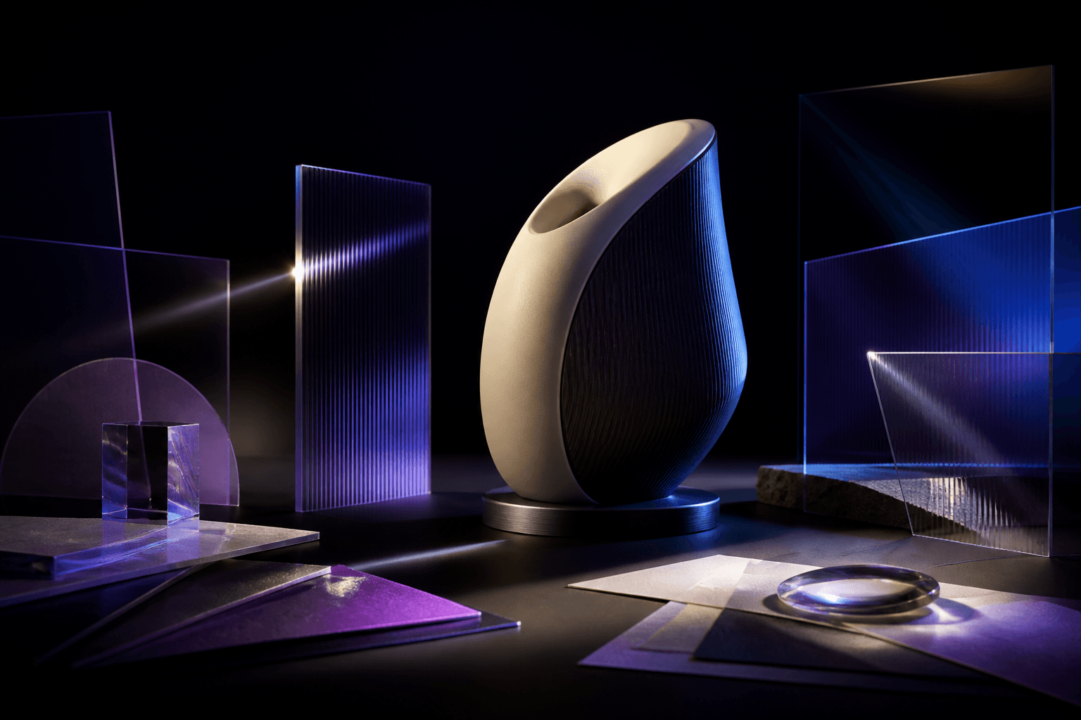 An abstract product form surrounded by creative direction materials